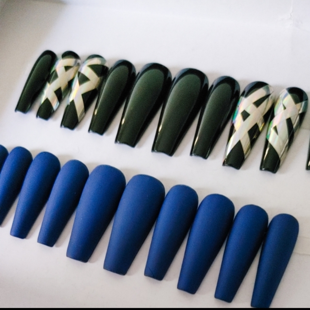 Blue Black Long Coffin Press On Nails 2 Sets Fake Nails